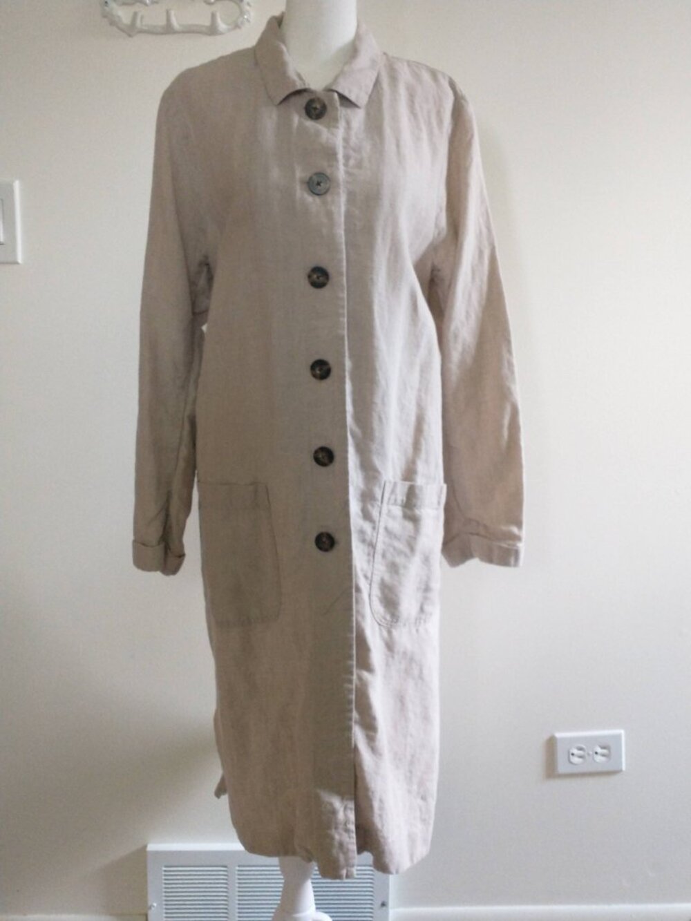 J. Jill love linen beige 100% linen long pocket overcoat jacket L